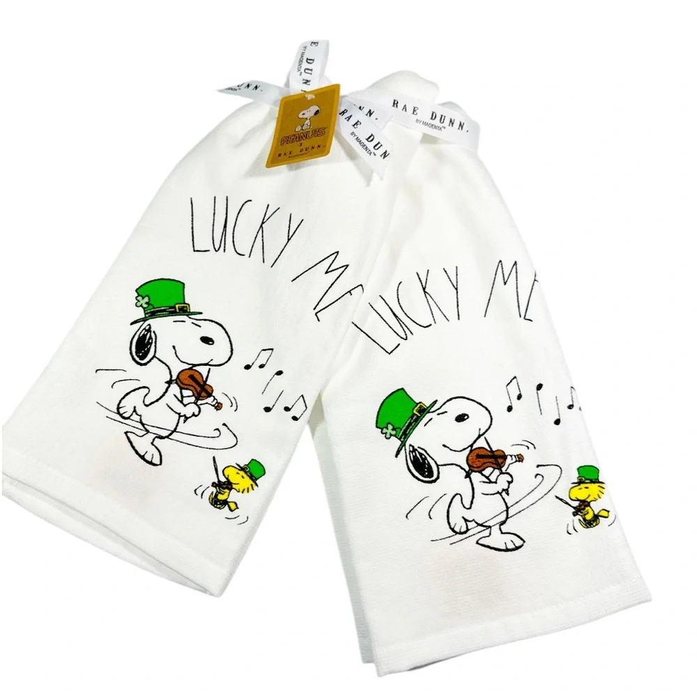 NEW Rae Dunn/Peanuts Snoopy LUCKY ME St Patrick’s Day Kitchen Towels Set/2